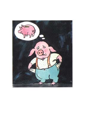 Dessin Tomi Ungerer - Cochon tirelire allongé dans un fauteuil